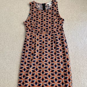 Orange/Navy/white jersey knit geometric sleeveless dress; Sans Souci;   Large Jr